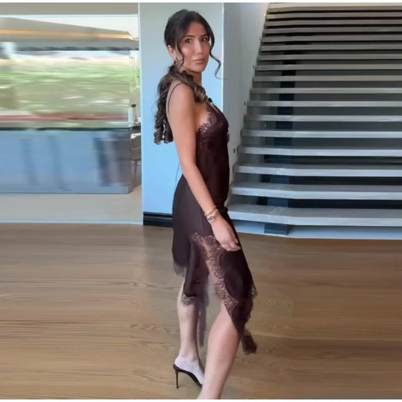 Sexy V-neck Sling Dress Women Fashion Sleeveless Lace Patchwork Irregular Mini Dresses 2025 Lady Summer Chic Casual Holiday Robe