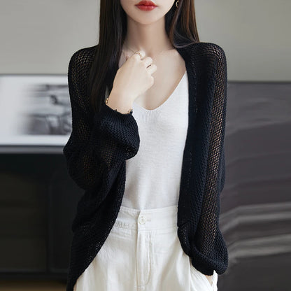 2025 New Hollow Out Loose Knit Cardigan Women Openwork Linen Shawl Summer Kimono Style Unique Cape Shawl Sweater Shrug Top black