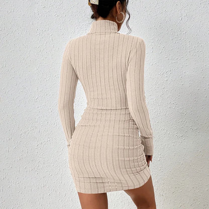 New Solid Dress Women Elegant Party Autumn Winter Turtleneck Long Sleeves Sexy Sheath Mini Dresses Bodycon Club Knitted Dress