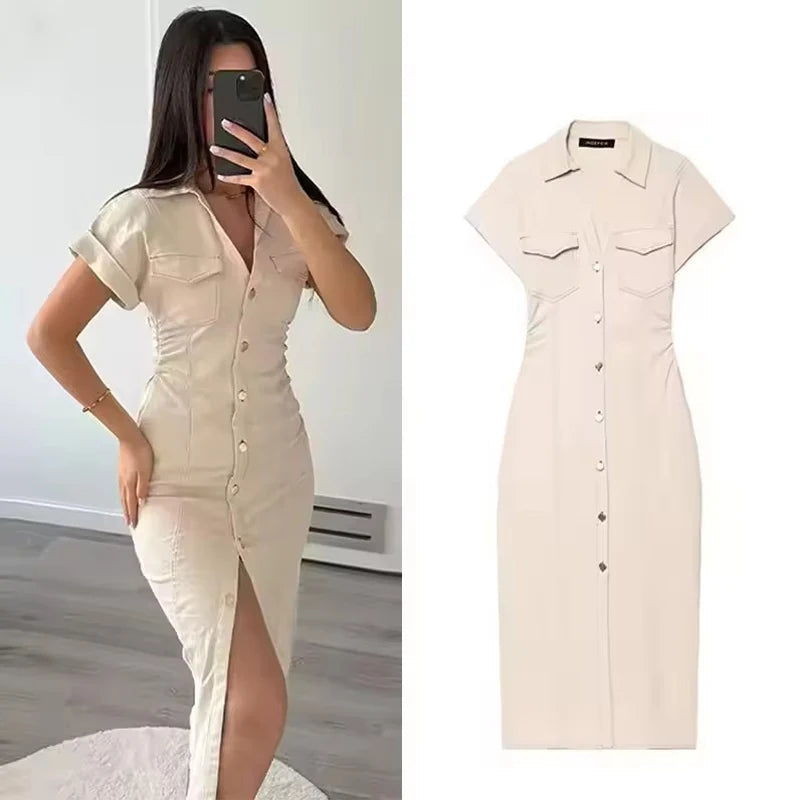 Denim Dress Women's Spring Summer Casual Long Dresses For Women 2025 New Fashion Ruched Short Sleeve Streetwear Midi Dress Badiee Stylez