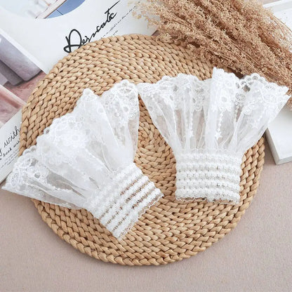 1Pair Detachable Cuffs Lace Flower Mesh Fake Flared Sleeves Double Layer Pleated Ruched False Cuffs Sweater Blouse Wrist Warmers Badiee Stylez