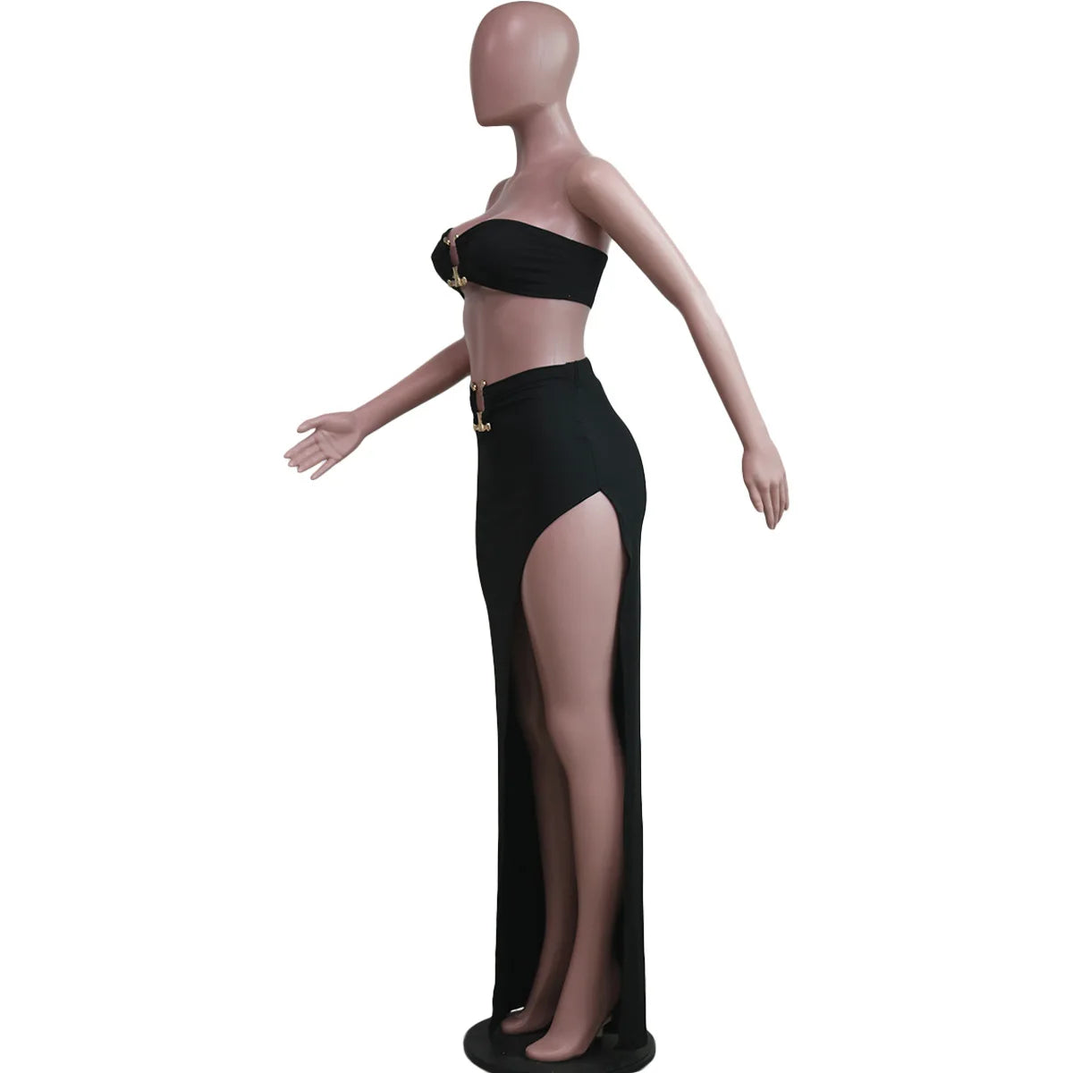 New Chic Gold Ring Bandeau Slit Skirt Two-Piece Set Womens Beautiful Off Shoulder Matching Skirt Set Nightclub Outfits Badiee Stylez