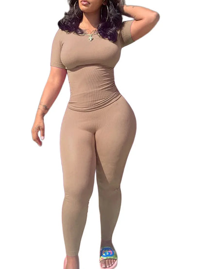 Lounge Wear Ribbed Casual 2 Piece Summer Shorts Set For Women Sleeve Top+Elastic Leggings Outfits camel