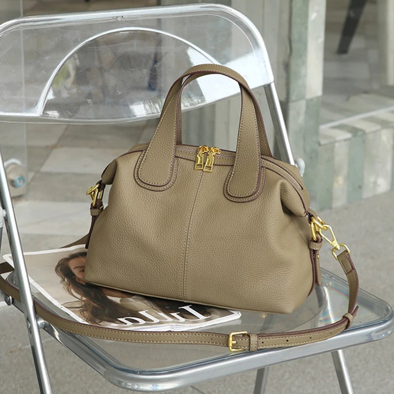 Toptrends Cowhide Genuine Leather Handbags For Women 2025 Luxury Designer Satchel Boston Office Ladies Shoulder Crossbody Bags Gray