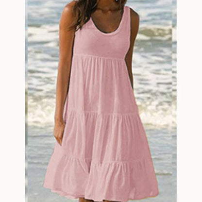 Women Causual O Neck Sleeveless Ruffles Mini Dress Boho Solid Beach Sundress Oversized Loose Dress 2023 Summer 8806-Pink