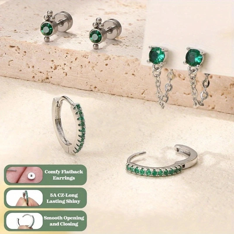 20pcs Stainless Steel Delicate Comfortable Green Gemstone Flat Back Earring Set,Hypoallergenic Small Hoop Earrings Jewelry Gifts