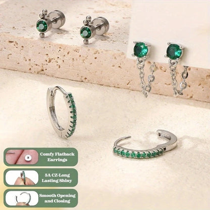20pcs Stainless Steel Delicate Comfortable Green Gemstone Flat Back Earring Set,Hypoallergenic Small Hoop Earrings Jewelry Gifts