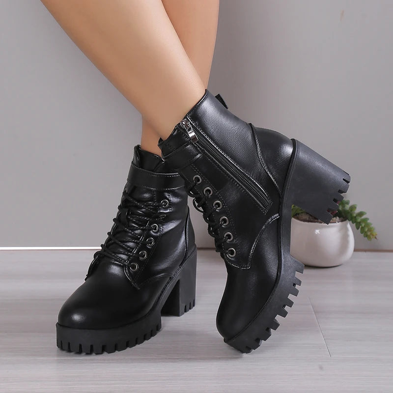 Winter New Fashion Comfortable Elegant Square with Women's Shoes Side Zipper Round Head Solid Color Simple Thick Heel Boots Badiee Stylez