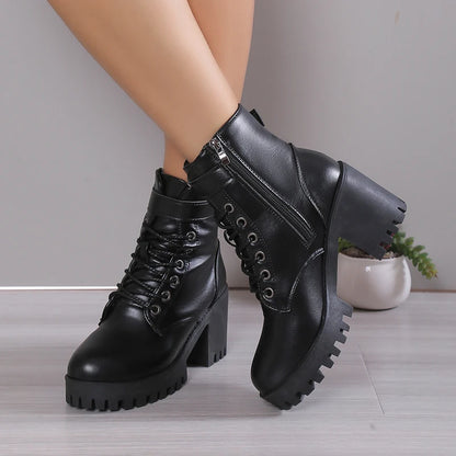 Winter New Fashion Comfortable Elegant Square with Women's Shoes Side Zipper Round Head Solid Color Simple Thick Heel Boots Badiee Stylez
