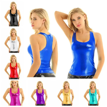 Womens Female Nightclub Dancewear Punk Dance Tanks Tops Shiny Metallic Racer Back Slim Fit Summer Camisole Tank Top Vest Top