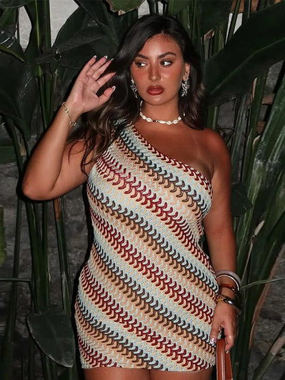 Rainbow Knitted Single Shoulder Mini Dress Women Sexy Sleeveless Waist Hugging Tight Short Dresses 2025 New Summer Party Vestido