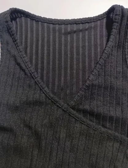 Women's Sexy Ribbed Knit Tank Top with Button Details - V-Neck Sleeveless Stretch Fit Machine Washable Black Polyester