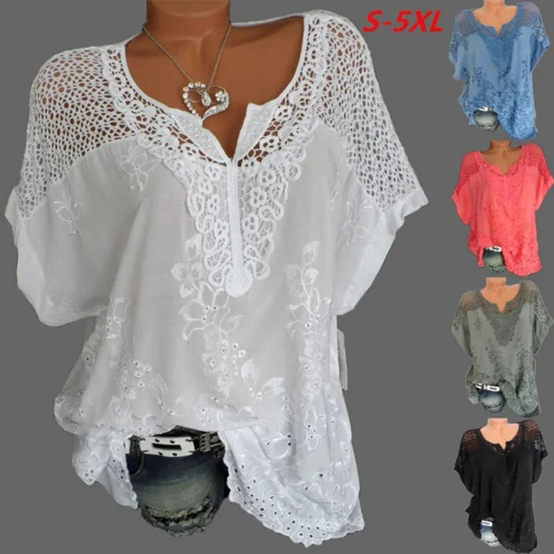 Summer Short Sleeve Womens Blouses and Tops Loose White Lace Patchwork Shirt 4xl 5xl Women Tops Casual Clothes