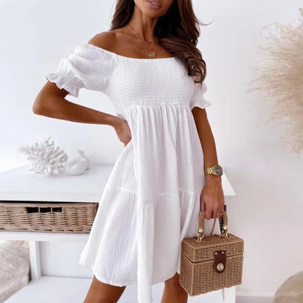 New Short Sleeve Off The Shoulder High Waist A-Line Pleated Dress Sexy Club Outfits Solid Color Summer Dress Women 2025