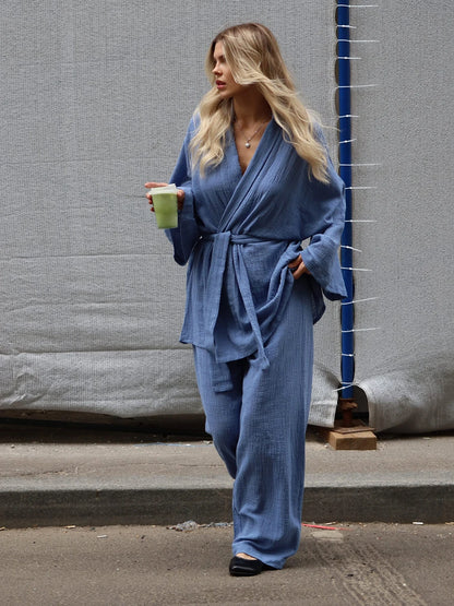 Mozuleva 2025 Autumn New 100% Cotton Women's Blue Lace Up Long Sleeve Pajama Set Loose Pants 2 Piece Leisure Homewear