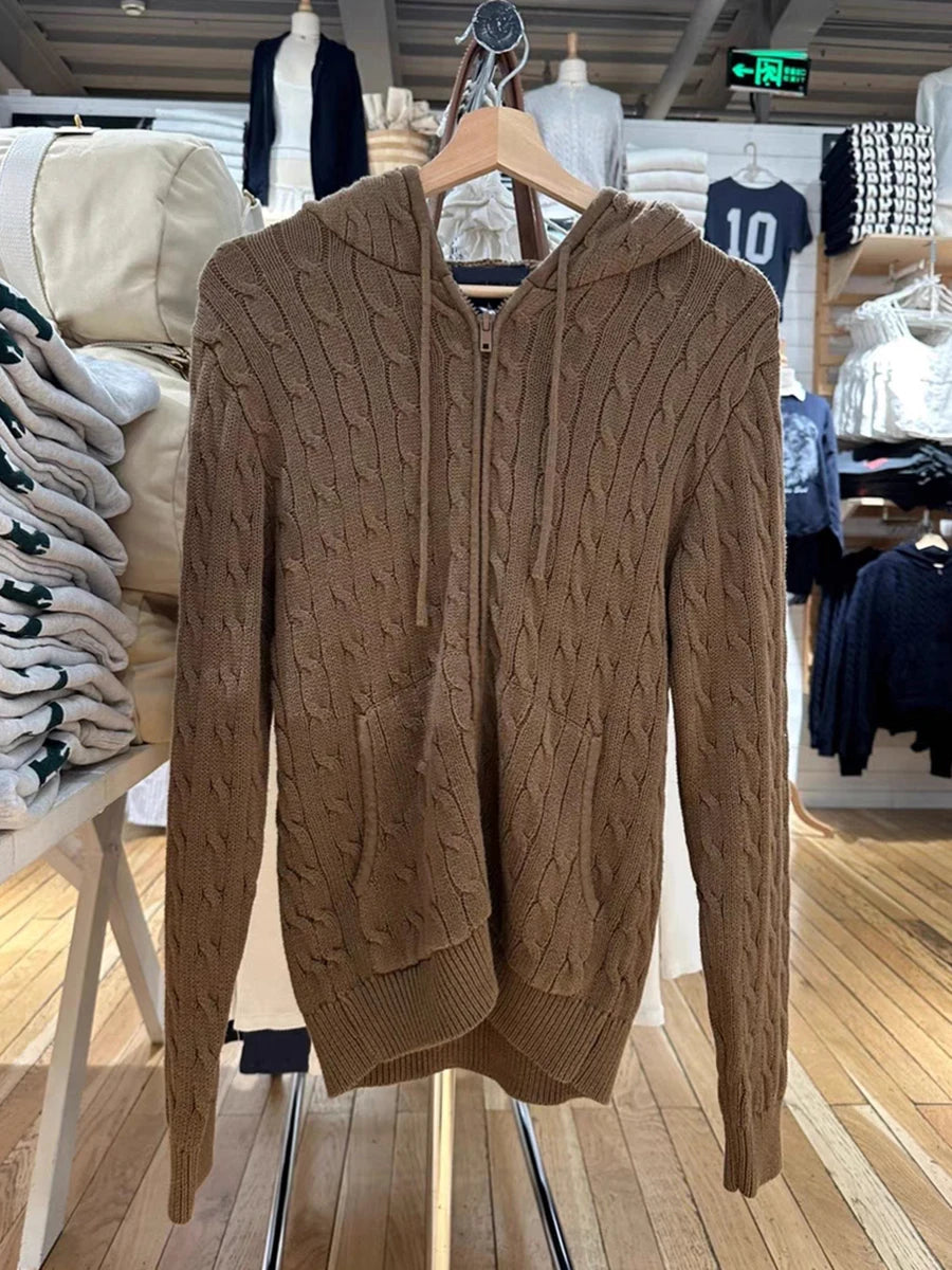 Twisted Flower Knitted Cardigan Sweater Women Autumn Long Sleeve Drawstring Hooded Zipper Streetwear Sweet Sweaters Coat Y2K Top Brown One Size