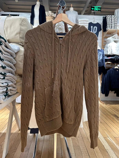 Twisted Flower Knitted Cardigan Sweater Women Autumn Long Sleeve Drawstring Hooded Zipper Streetwear Sweet Sweaters Coat Y2K Top Brown One Size