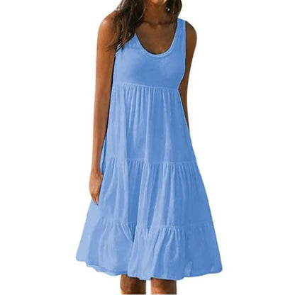 Women Casual Solid Mini Dress 2024 Summer Elegant Sleeveless Ruffles Loose Short Dress Beach Party Sundress Oversize Streetwear SKY BLUE