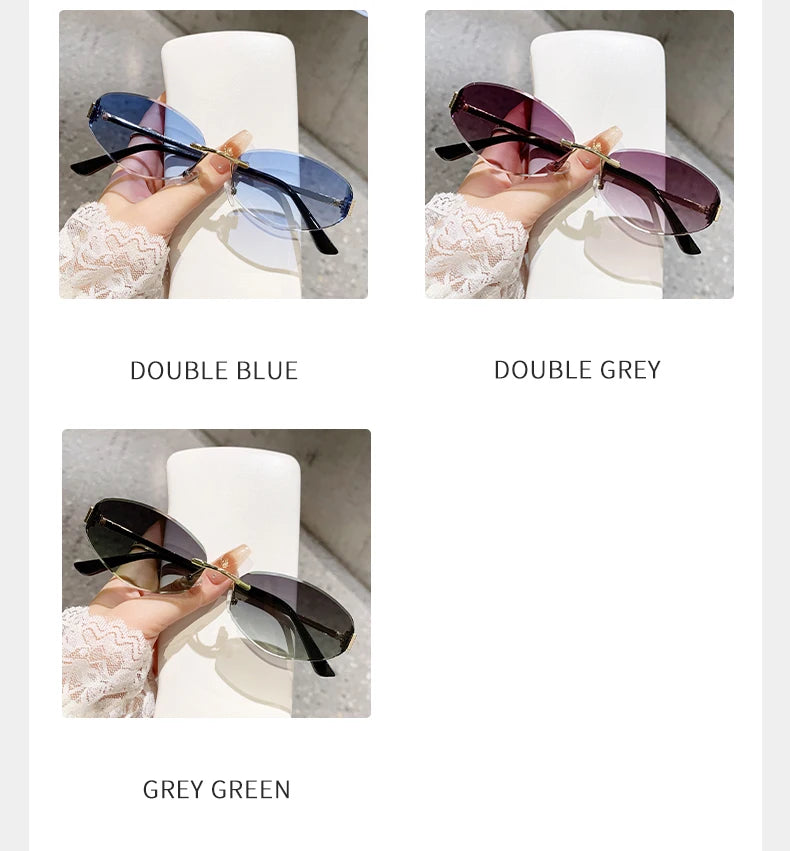 Retro Frameless Oval Concave Design Y2k Personalized Sunglasses Trendy Uv Resistant Street Photography Sunglasses 90275
