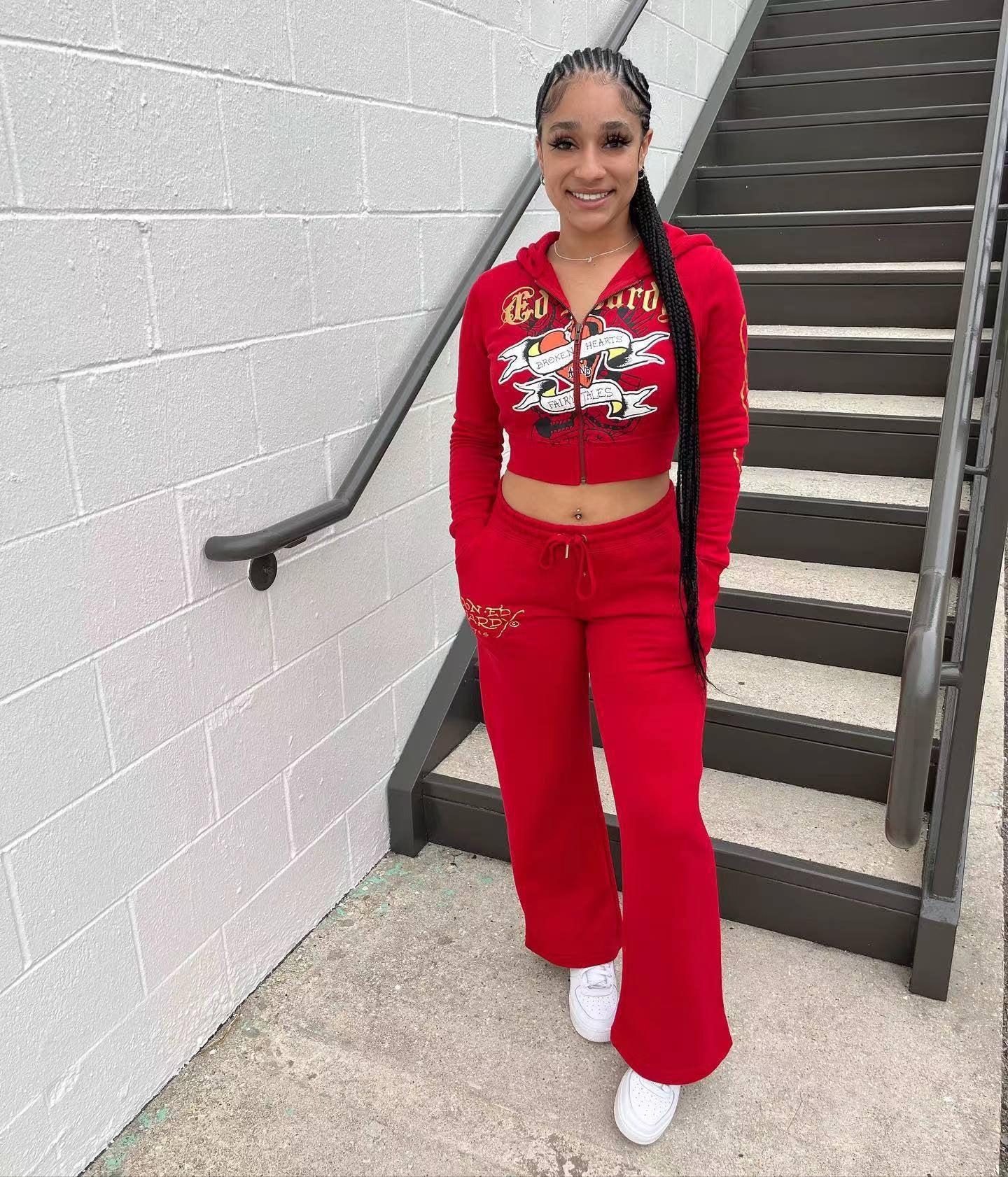 Bangniweigou Skull Love Print Zipper Short Cardigan + High Waist Straight Leg Pants Two Piece Set Women Tracksuit Autumn Winter