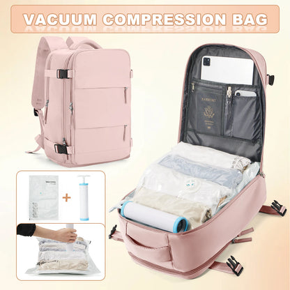 Ryanair 40x25x20 Travel Backpack Large Capacity Foldable Hiking Bag with Vacuum Bags Manual Compression Pump, Storage Backpack Pink