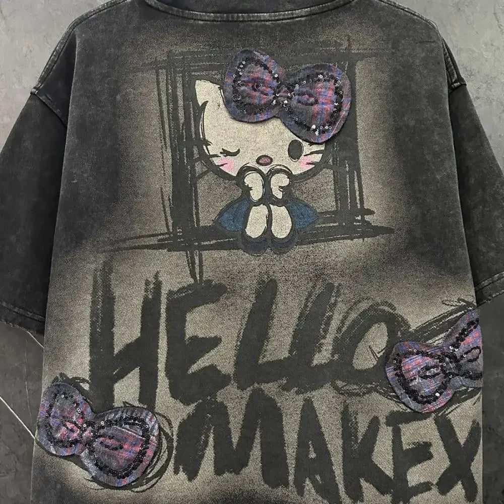 Y2K Hello Kitty Girls Short Sleeve Anime Sanrios Cartoon Cute Summer Sweet Cotton Women T-Shirt Kawaii Casual Loose Trend Tops Badiee Stylez