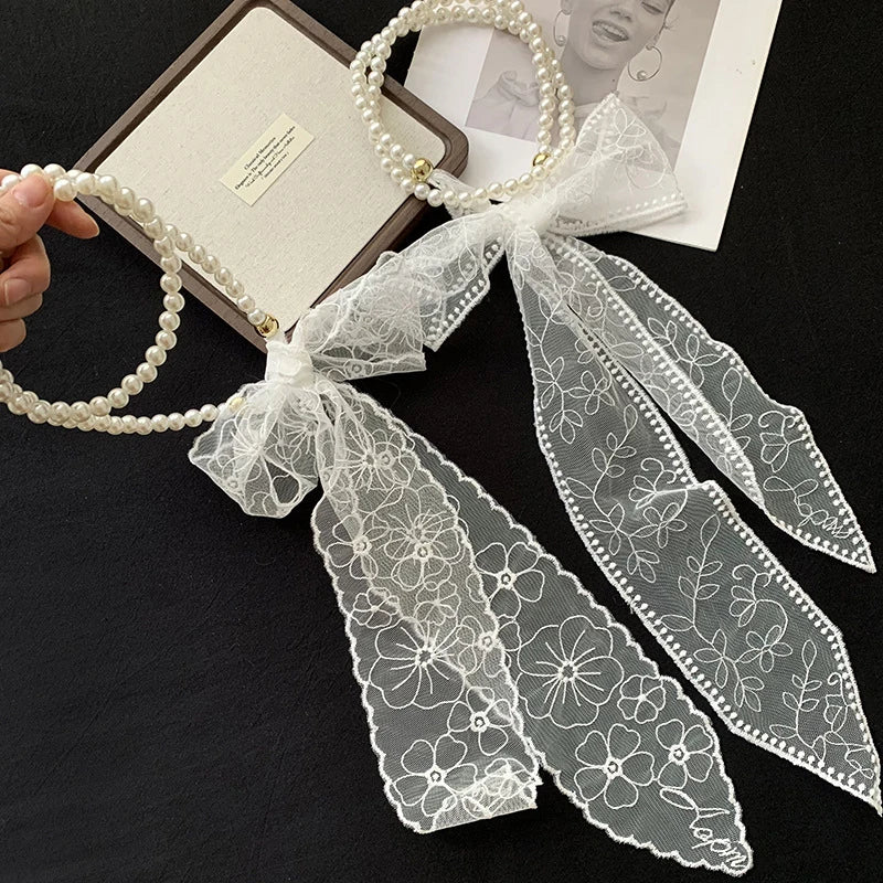 High-Quality Retro Silk Scarf Featuring Lace; Versatile Long Streamer Headband