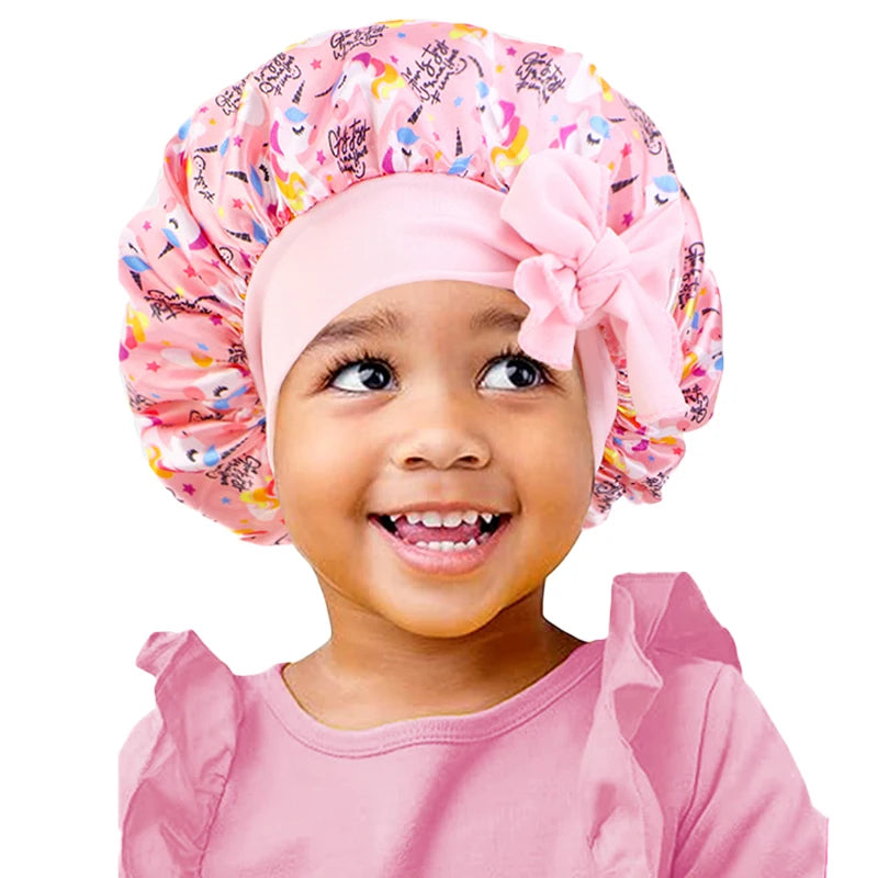 New Kids Unicorn Satin Bonnet Wide Elastic Band Ribbon Sleeping Cap Curly Natural Hair Child Night Caps Shower Cap Headscarf Badiee Stylez