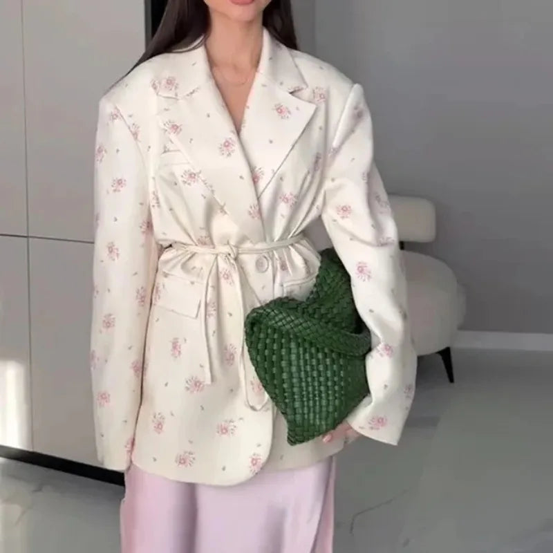Women's Flower Printed Loose Suit 2025 Spring/Summer New Fashion Collar Belted Waist - Cinching Suit Jacket