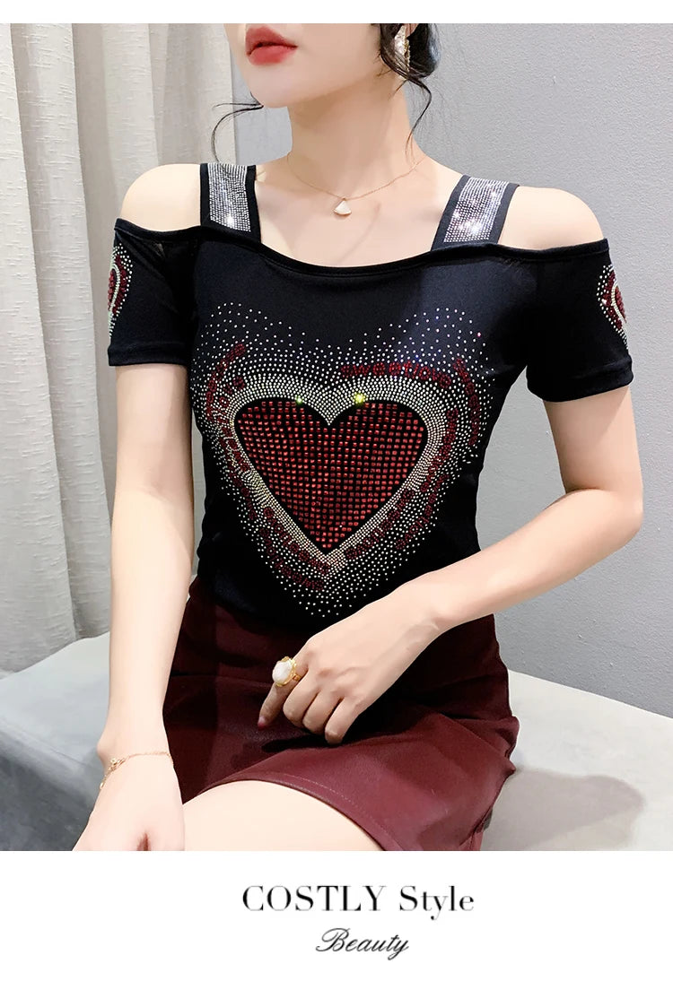 Aoxison Summer Short Sleeved Women's T-Shirt Elegant Slim Shiny Love Heart Diamonds Mesh Tops Chic Girl Sexy Off Shoulder Tees