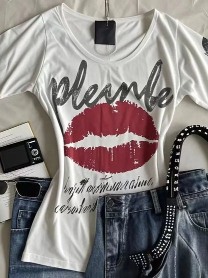 American Retro Sweetheart Red Lips Letter Print Slim Short-sleeved T-shirt Women Summer Fashion Street Hot Sexy Casual Top