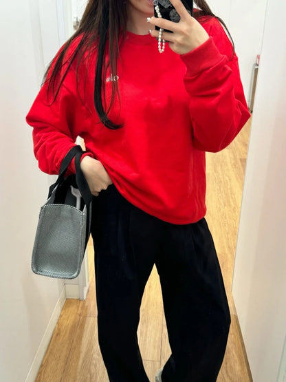Fashion Trends Solid Long Sleeves Top Spring Black Red Round Neck Sweatshirts Simple Classic Letter Loose Casual Sports Top