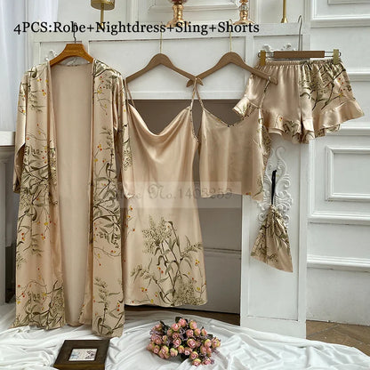 Four Pieces Pajamas Set Printed Little Cherry Sleepwear Women Satin Nightgown With Suspender Sling&Shorts Summer Home Clothes Champagne Cherry A