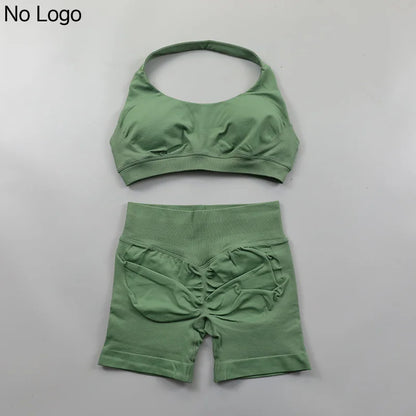 Fitness Shorts Sets Seamless Yoga Set Women 2Pcs Halter Sports Bra Scrunch Butt Gym Shorts Set Workout Clothes Summer Sportswear Badiee Stylez