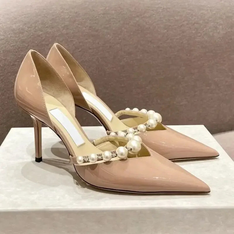 Spring/Summer New Pointed High Heels Hollow Fashion Banquet Pearl Hollow V-Mouth Women's Thin Heels Shallow Mouth Sandals
