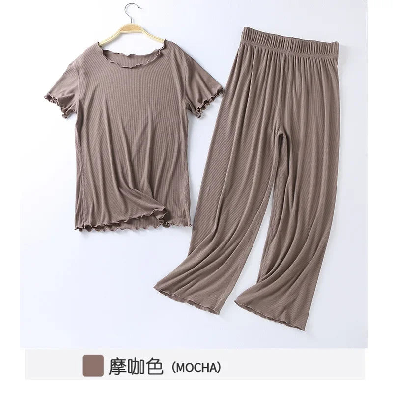 Japanese summer new ladies cotton modal short-sleeved nine-point pants suit home service suit women's large size home pajamas Mocha color