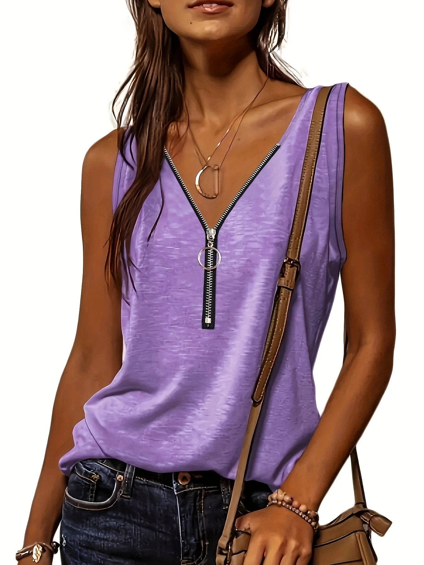 Versatile Women's V-Neck Half-Zip Tank Top - Casual All-Season Wear with Durable Stretch Fabric PURPLE