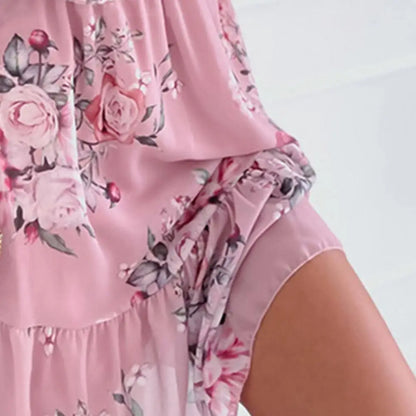 Trendy Mini Dress Flower Print Flounce Edge Colorful Above Knee Short Sleeve Women Dress Female Dress Spaghetti Strap