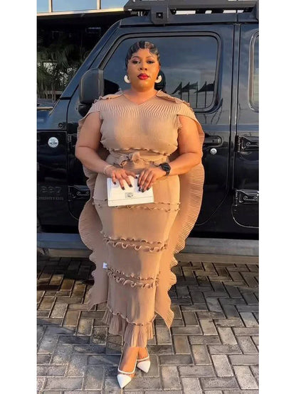 EGRM Miyake Solid Pleated French Three-dimensional Fungus Edge Cake Dress Women's Loose Long Dresses 2025 Summer New 6R8109 Coffee One Size