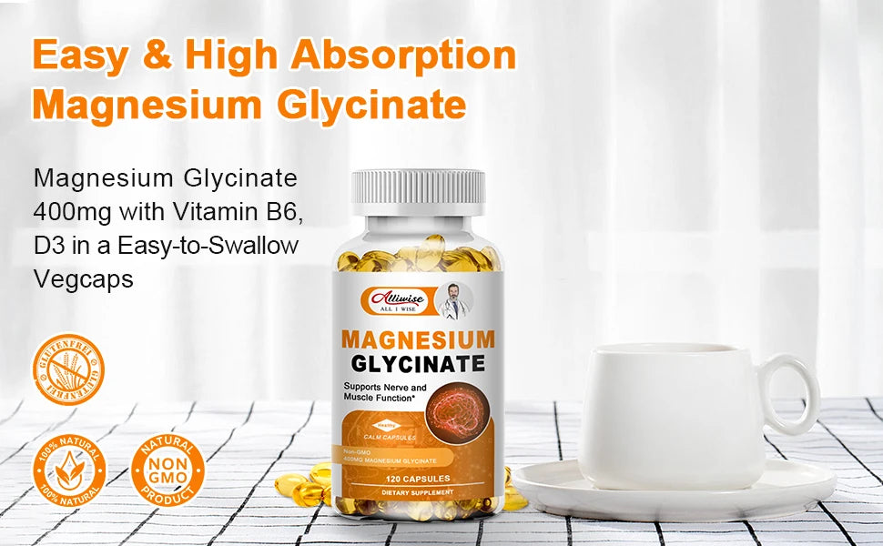 Magnesium Glycinate Supplement 400mg Magnesium with Vitamin D3 & B6 Supports Bone, Memory, Calm, Mood & improve Sleep, 120pcs