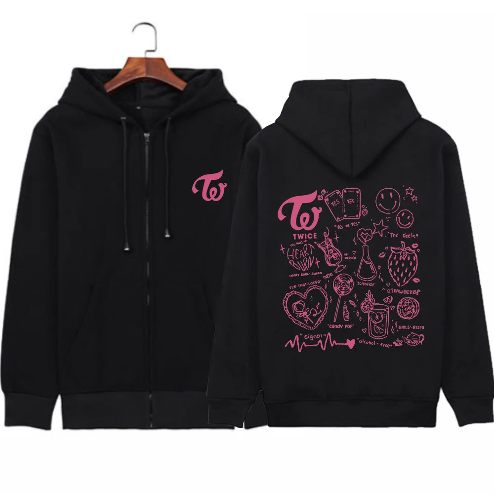 2023 Twice Kpop Album Print Hoodie Sweatshirts Long Sleeve Streewear Pullover Clothes Zip Up Hoodie black