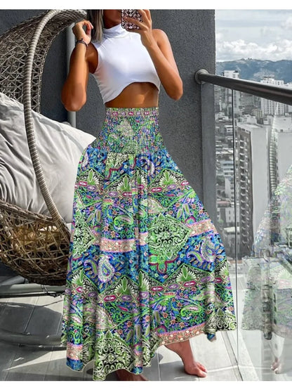 Women Fashion Floral Print Folds Bohemian Elastic High Waist  Skirt Ladies Knee-Length Long Skirts For Women Badiee Stylez