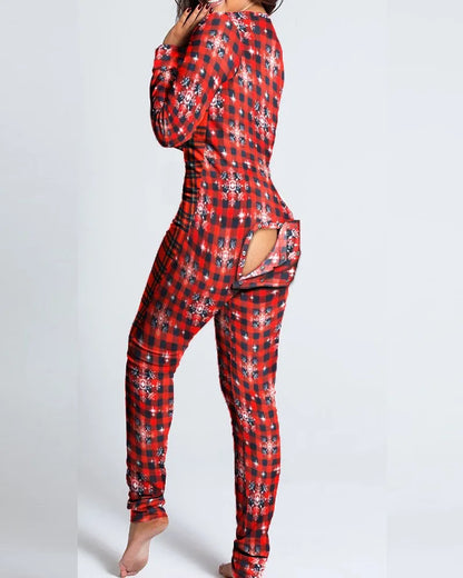 Sexy Pyjama Women's Jumpsuit Suit Button-down Front Back Butt Bum open Ass Flap Jumpsuit Loungewear Christmas Print Buttoned Checkered snowflake
