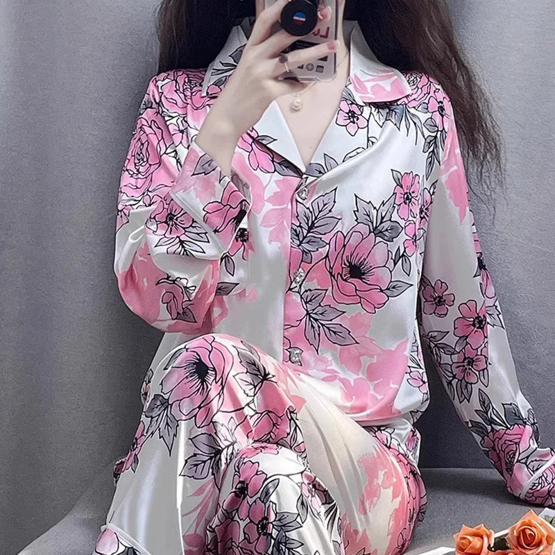 Korean Style Women's Two-piece Pajamas Sets Fashion Flower Print Faux Silk Satin Sleepwear Female Long Sleeve Pants Housewear