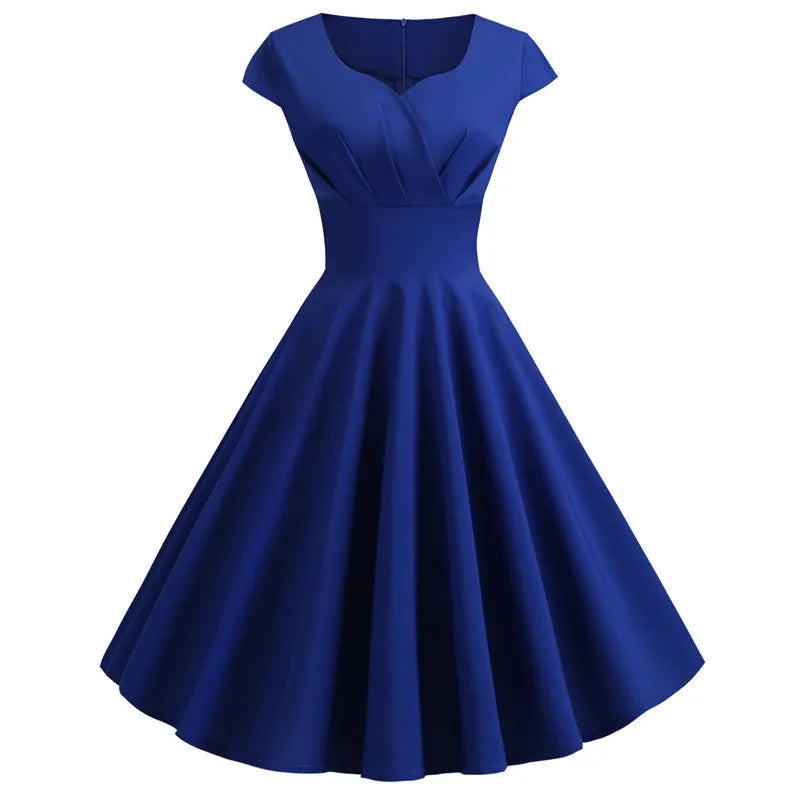 Pink Summer Dress Women V Neck Vintage Robe Elegant Retro pin up Party Office Midi Dresses Blue