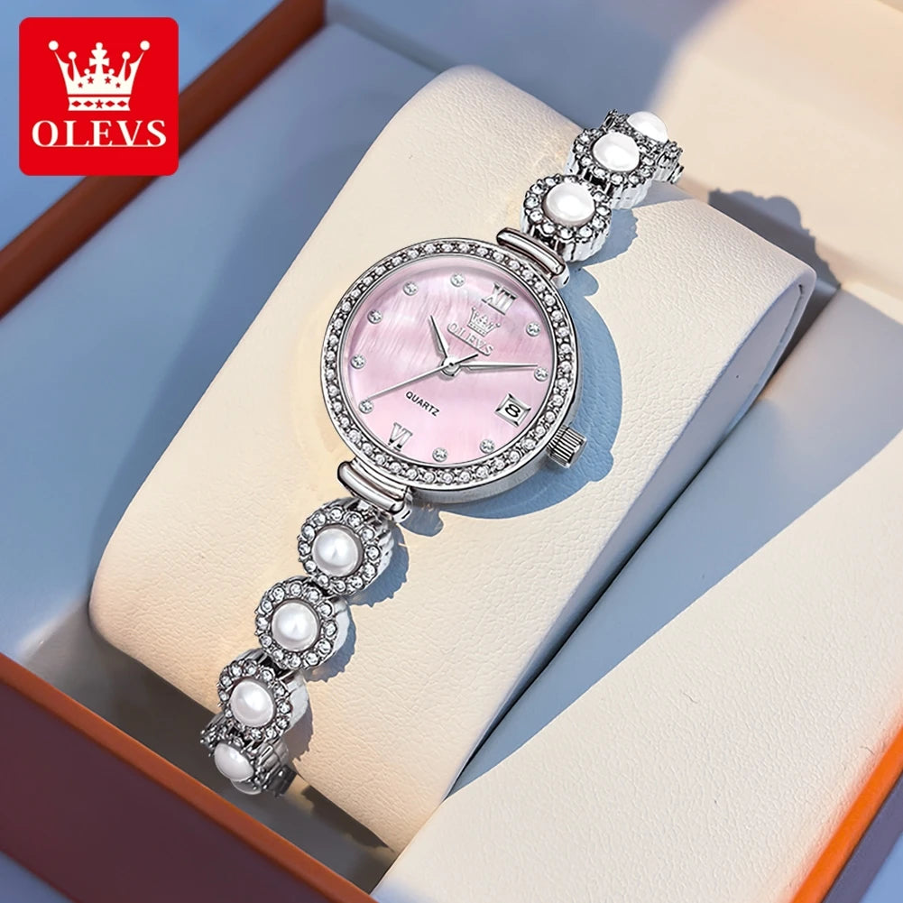 OLEVS 5635 Fully Diamond Pearl Hand Chain Watch Fashion Elegant Waterproof Women's Watches Original Quartz Wrist Watch for Women Silver Pink