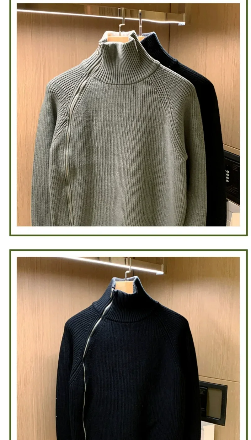 2025 Trendy Brand Solid Color Half Turtleneck Sweater for Men in Winter Personalized Side Zipper Sweater Design Warm Top Badiee Stylez