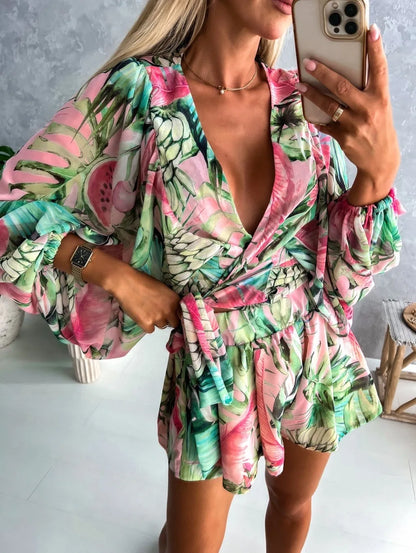 Sexy Deep V Neck Jumpsuit For Women Summer Casual Boho Beach Vacation Outfit Fashion Print Lantern Sleeve Rompers Shorts Women's