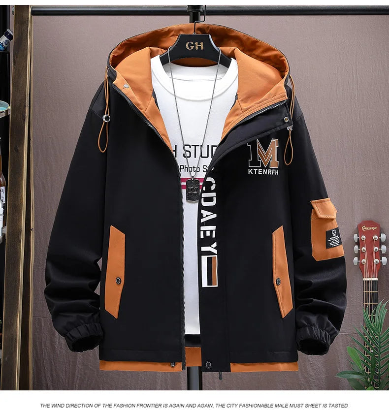 Men's Casual Hooded Jackets Autumn Patchwork Thin Coats Outwear Top Windbreaker Streetwear Male Outerwear Coat
