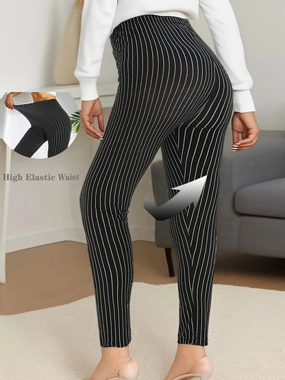 CUHAKCI Plus Size Sports Tight Women's Bottom Pants Black Vertical Strip High Elasticity Casual Fitness And Ankle Nine Pants